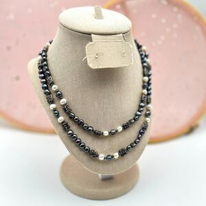 Black Peacock Freshwater Pearl and Sterling Silver Bead Necklace Long 36"
